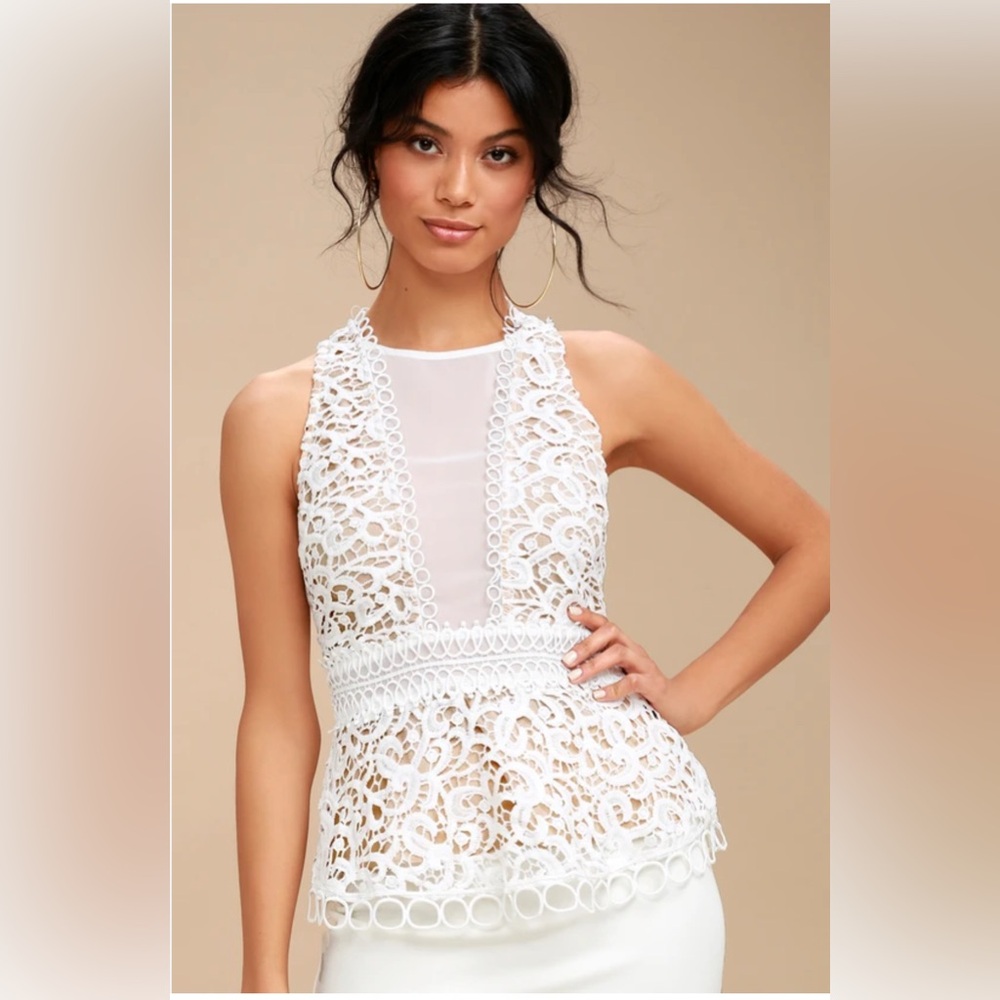 White Beautiful Sleeveless Lace Peplum Blouse